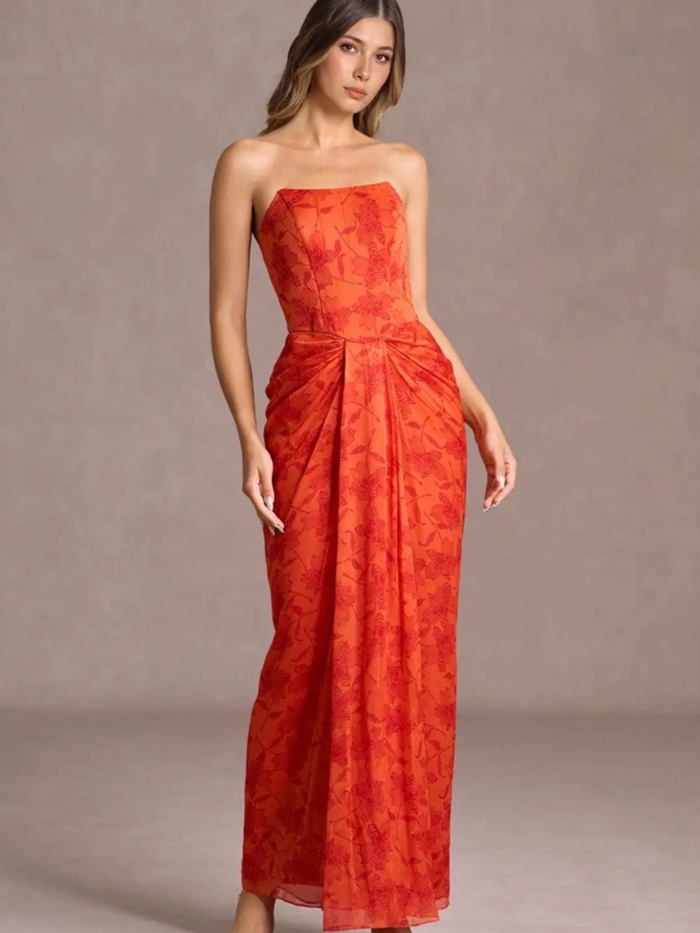 NWT - Strapless Orange Floral Jacquard Evening Gown